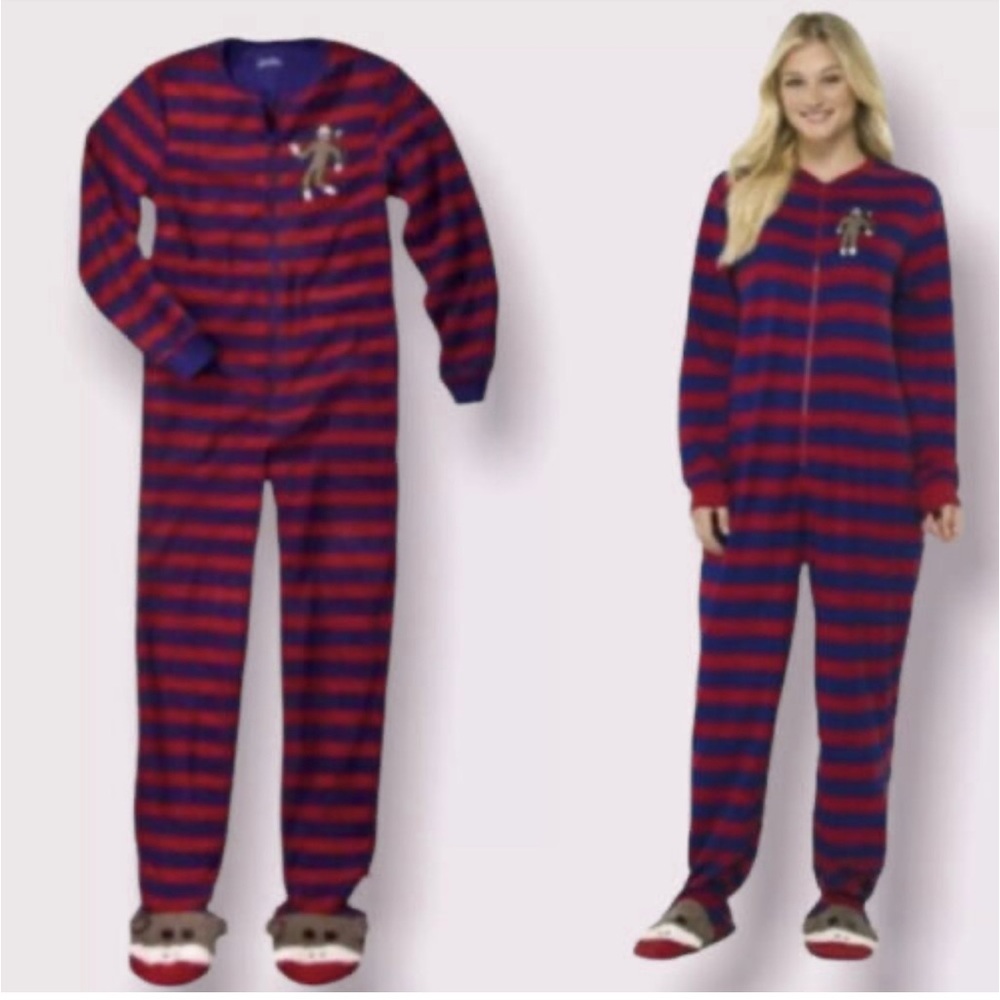 Nick & Nora Red Sock Monkey Footie Pajama PJ Bodysuit Women's Small